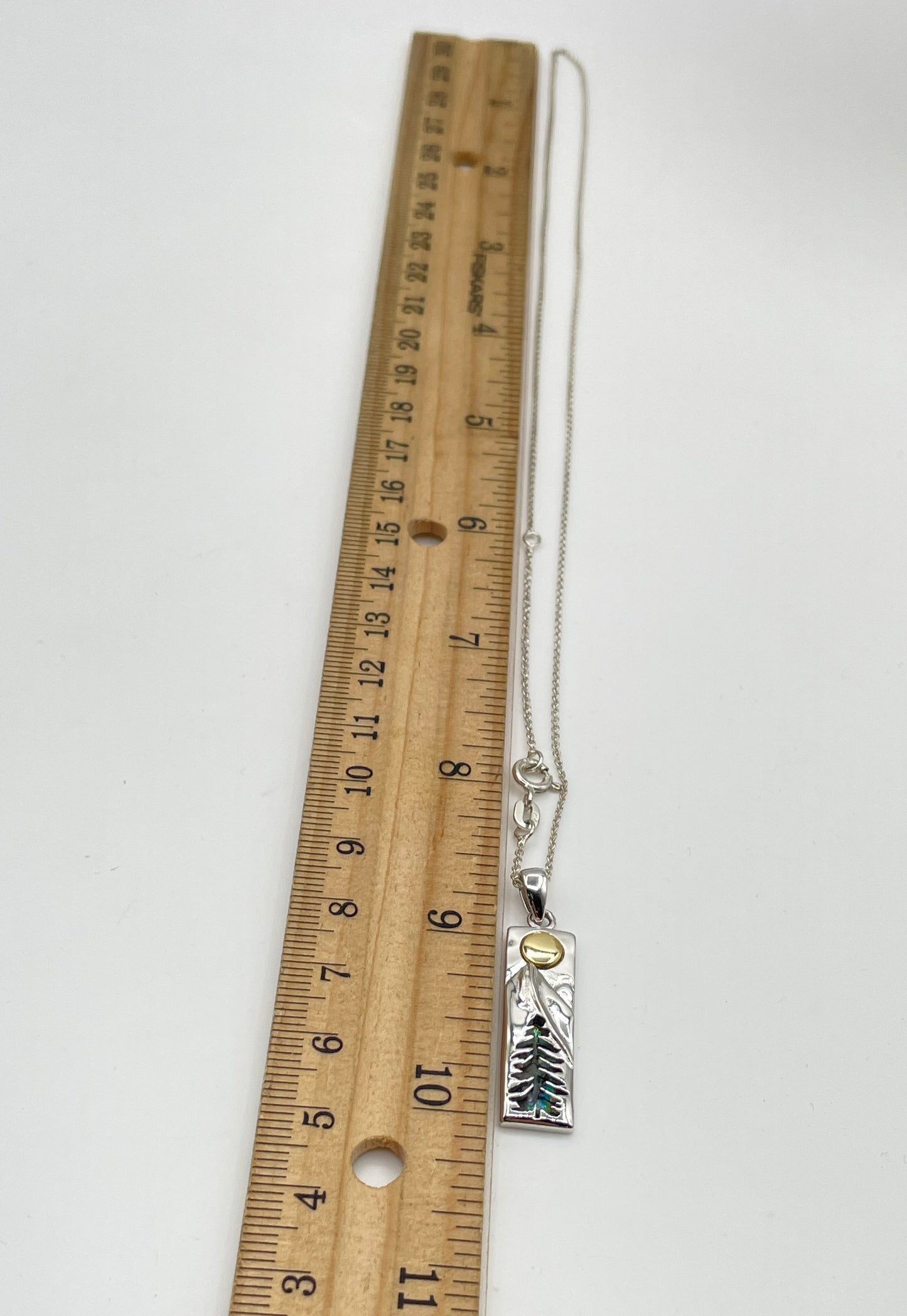 925 Sterling Silver Abalone Inlay Mountain Pine Tree Bar Pendant Necklace 6.7g