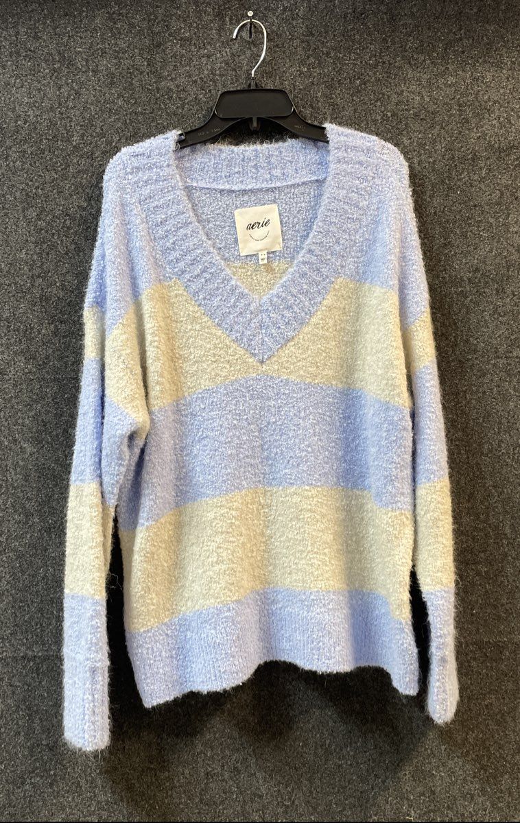 Aerie Women's Blue Cream Striped V-Neck Fuzzy Textured Knit Sweater Sz M