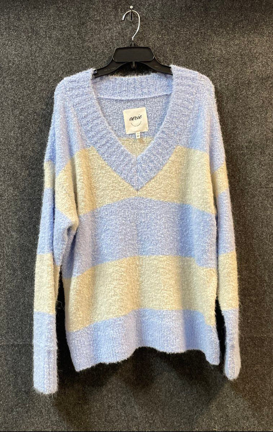 Aerie Women's Blue Cream Striped V-Neck Fuzzy Textured Knit Sweater Sz M
