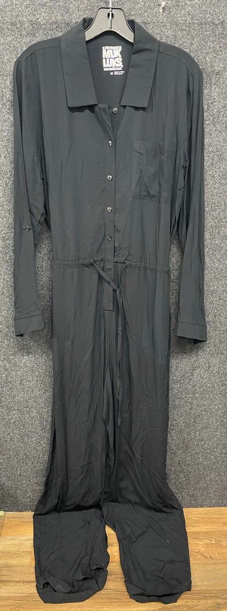 MUK LUKS Women's Black Rayon Button Front Jumpsuit Drawstring Jumper Sz M