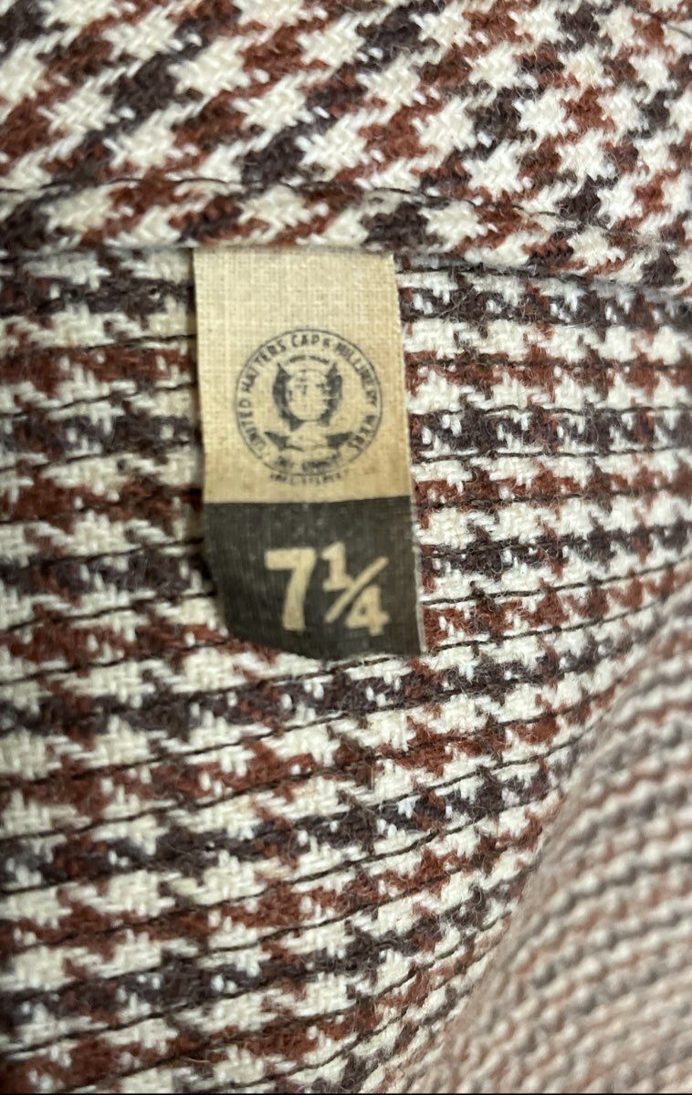 Vintage 70s Champ Men's Brown Houndstooth Fedora Hat Feather Sz 7 1/4
