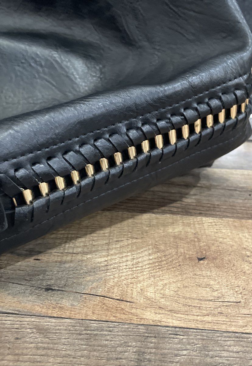 Unbranded Black Leather Tote Bag Gold Tone Grommets Braided Edge Large
