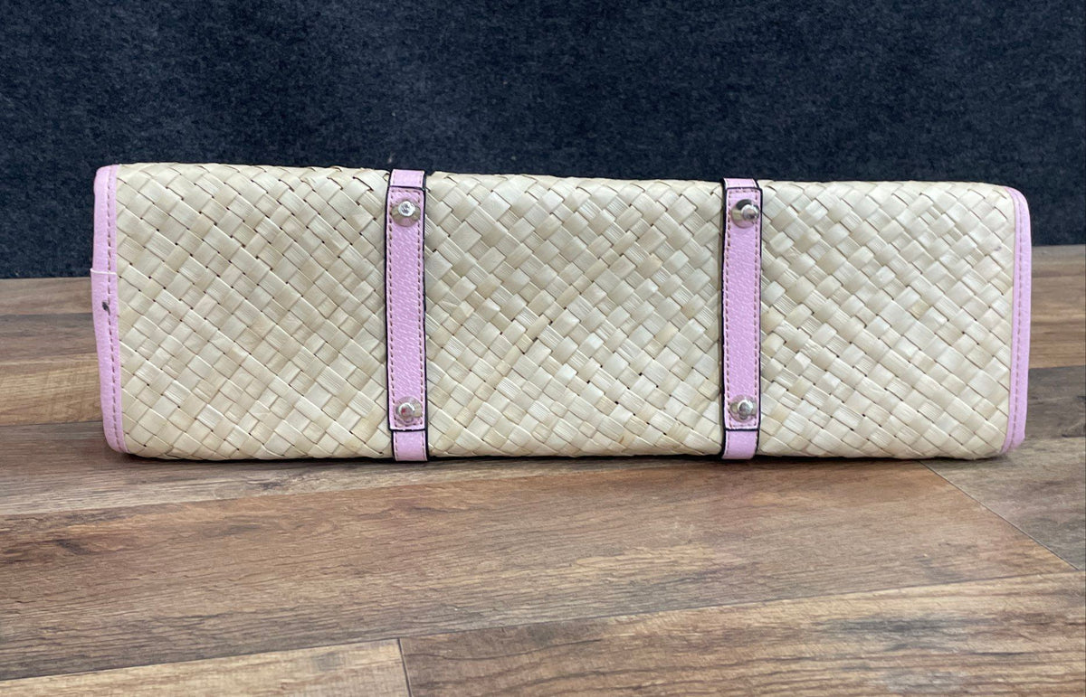 Apt. 9 Women's Pink Beige Woven Straw Shoulder Purse Bag Polka Dot Lining