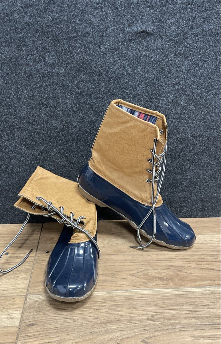 Navy Blue & Tan Duck Boots Waterproof Rain Snow Lace Up Size 10