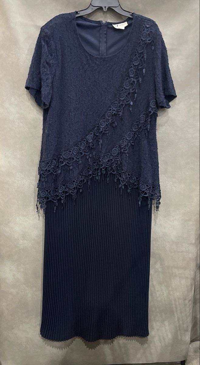 Vintage 90s S.L. Fashions Women's Navy Blue Floral Lace Pleated Dress Sz 24W