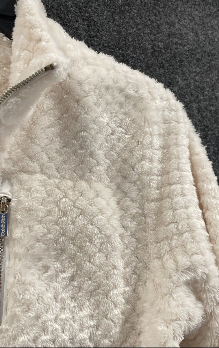 Calvin Klein Women's Cream Full Zip Textured Diamond Fleece Jacket Sz Small