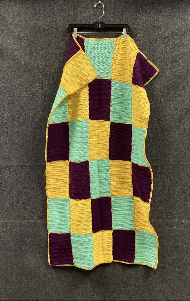 Handmade Multicolor Crochet Blanket Afghan Purple Yellow Teal Patchwork Block