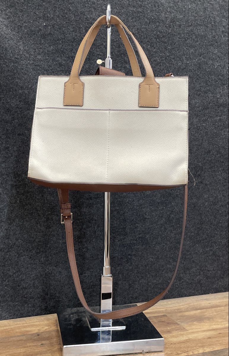 Tahari White Cream Brown Leather TL Logo Tote Crossbody Bag Removable Strap