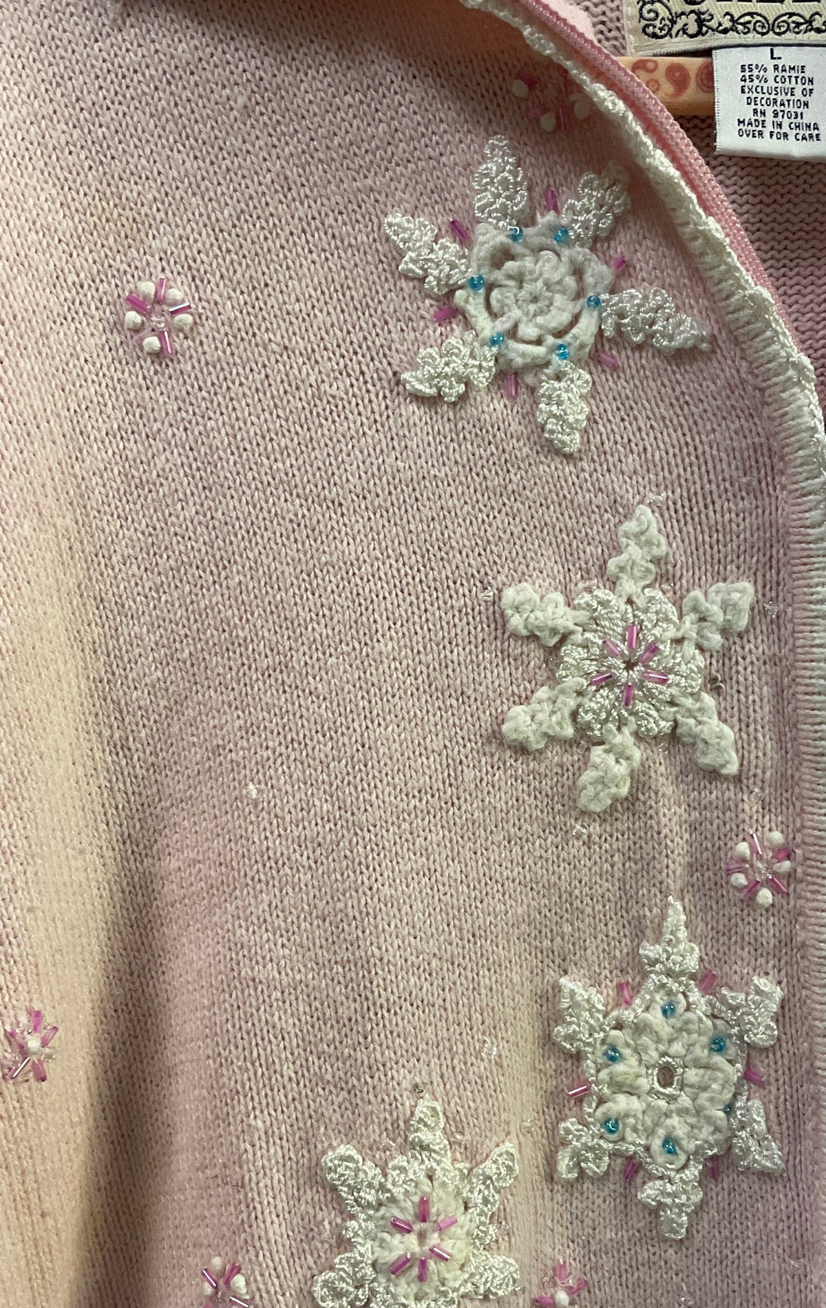 Cove Creek Women's Pink Snowflake Beaded Zip Cardigan Sweater Sz L