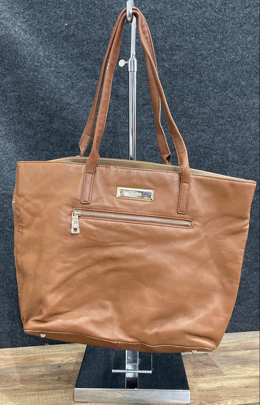 DKNY Brown Leather Large Tote Bag Silver Hardware Front Zip Pocket
