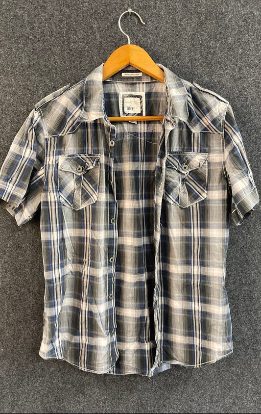 BKE Men's Gray Blue Plaid Athletic Fit Stretch Short Sleeve Button Up Shirt L