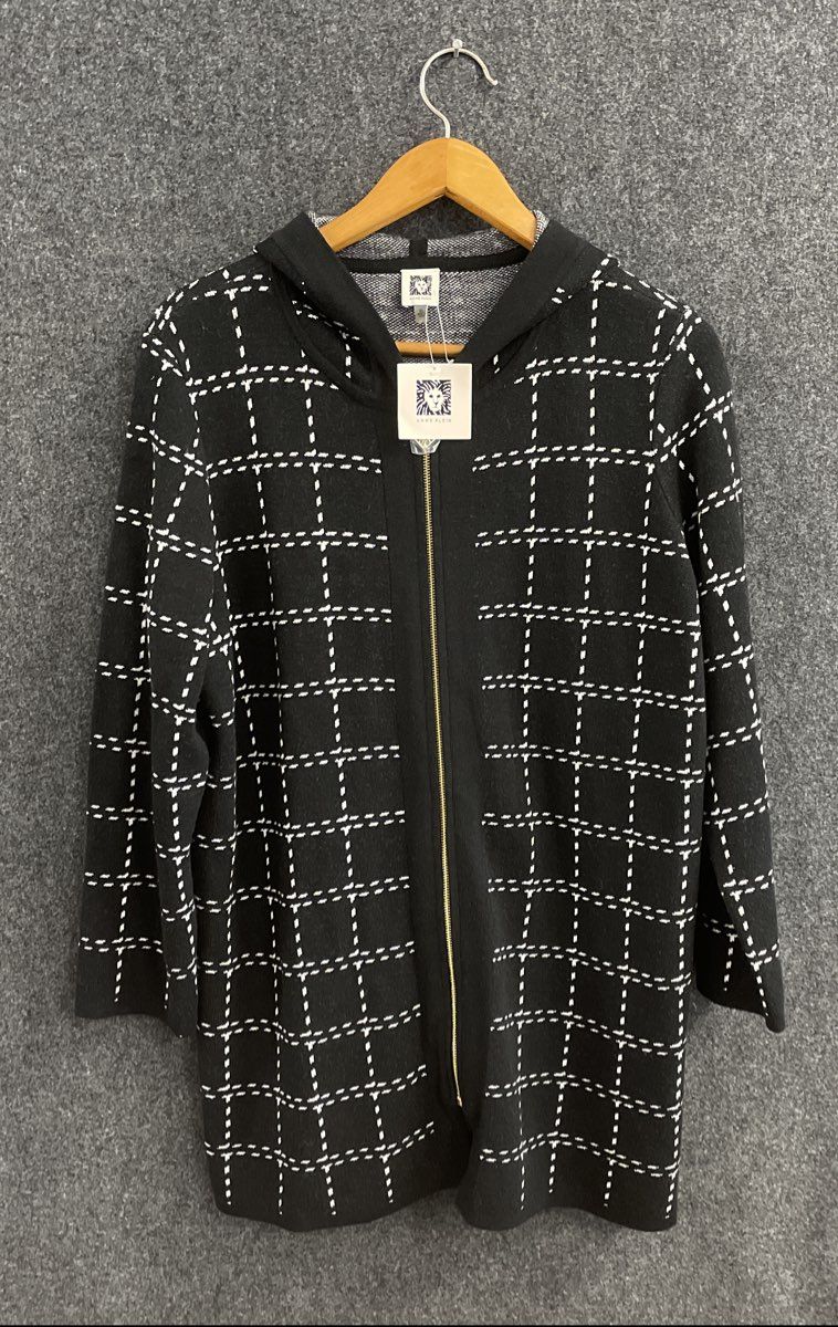 Anne Klein Women's Black Hooded Cardigan Jacket NWT Windowpane Knit Size XL