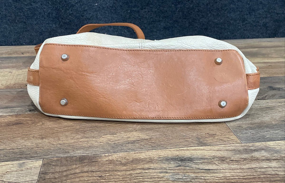 Valentina White Pebbled Leather Hobo Shoulder Bag Tan Trim Silver Tone Logo