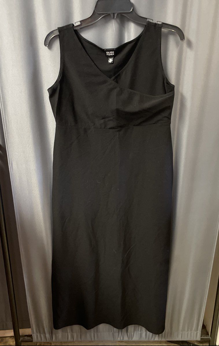 Eileen Fisher Women's Black Surplice V-Neck Sleeveless Viscose Midi Dress Sz S