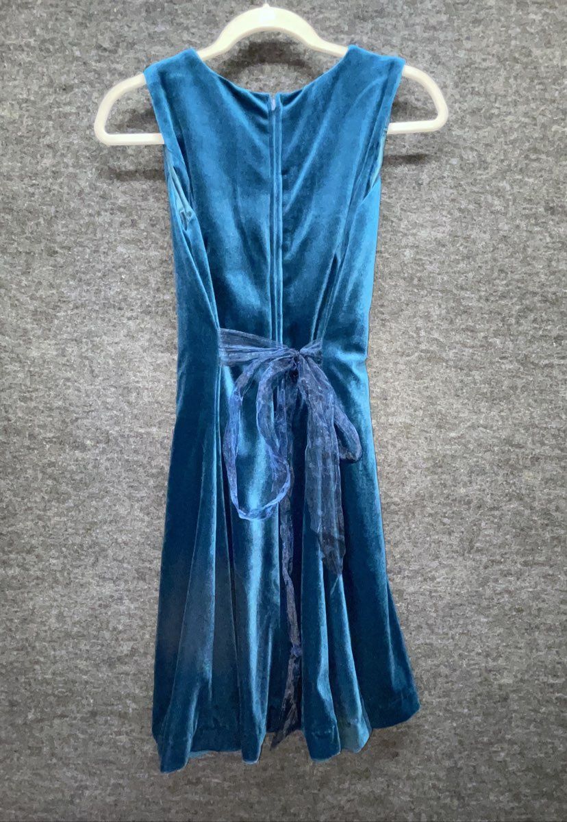 Vintage Y2K Girls Teal Blue Velvet Sleeveless Fit & Flare Dress Tie Waist