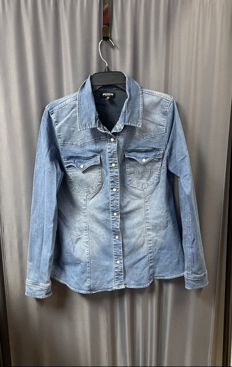 True Religion Women's Blue Western Pearl Snap Denim Shirt Jacket XL