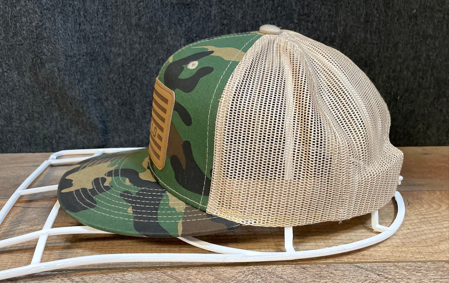 Leupold Men's Camouflage Trucker Hat Tan Mesh Snapback Leather Patch Flat Brim