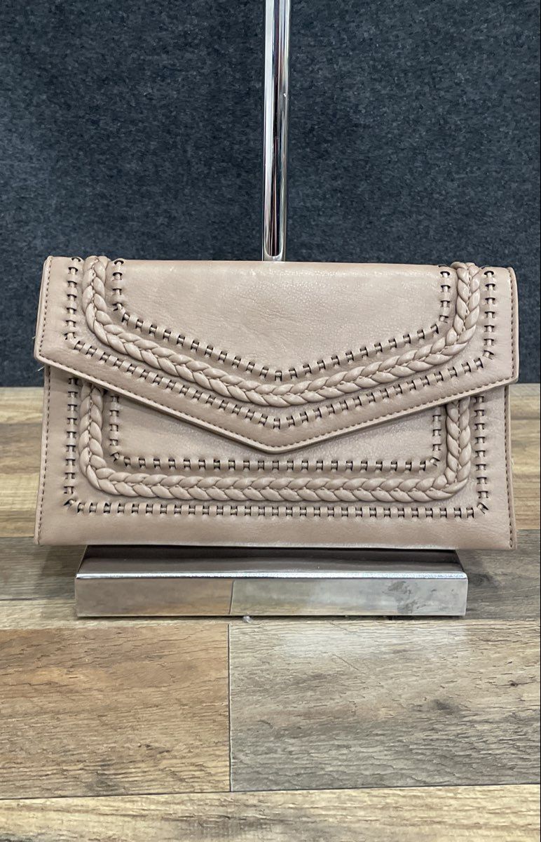 Grey Leather Braided Whipstitch Envelope Clutch Bag Gold Hardware Large