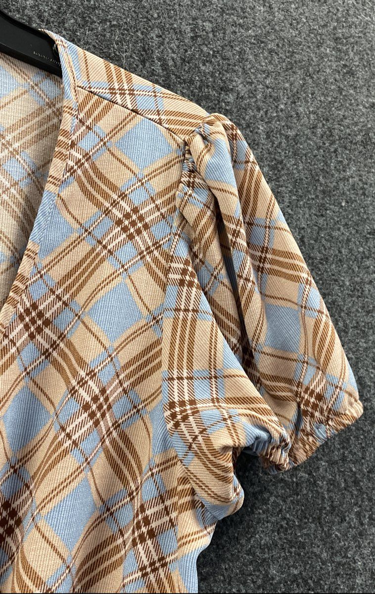Bebop Women's Plaid Smocked Waist Ruffle Short Puff Sleeve V-Neck Dress Sz XL