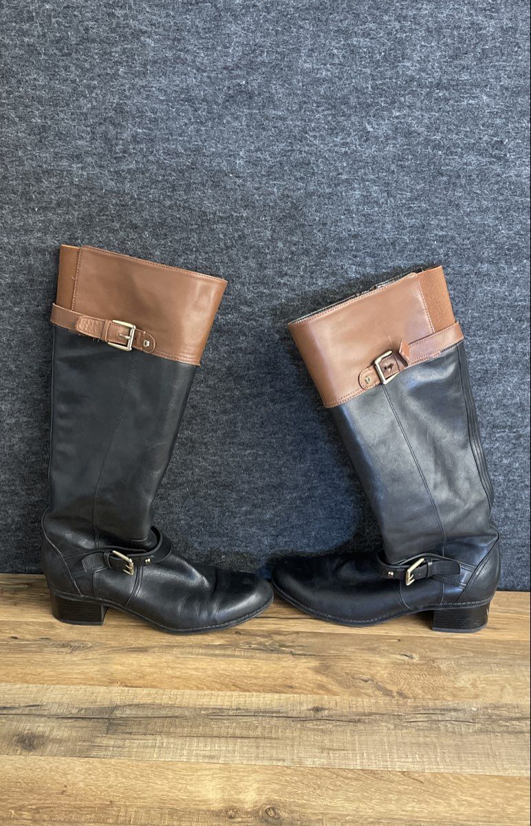 Bandolino Coppa Two-Tone Black Brown Leather Riding Boots Women's Size 7.5