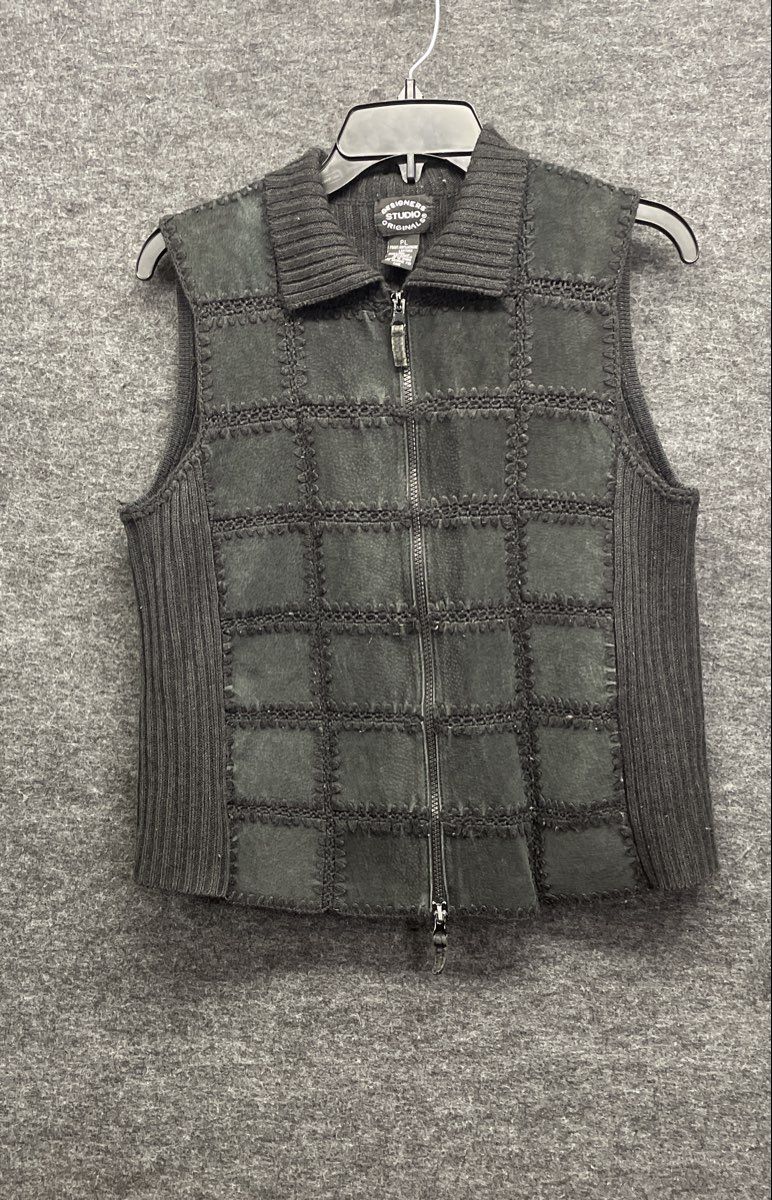 Vintage Y2K Designers Studio Originals Women's Black Patchwork Leather Vest PL