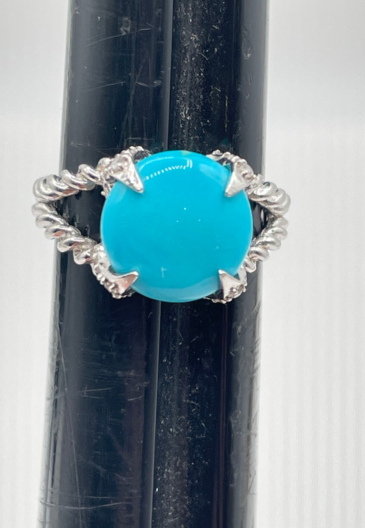 925 Sterling Silver Faux Turquoise Topaz Accents Twisted Rope Band Ring 3.5g