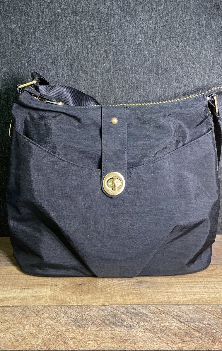 Baggallini Black Helsinki Nylon Crossbody Hobo Bag Gold Hardware