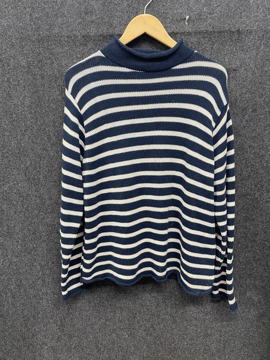 Vintage 90s Binghamton Knitting Co Women's Blue Striped Scalloped Sweater Sz XL