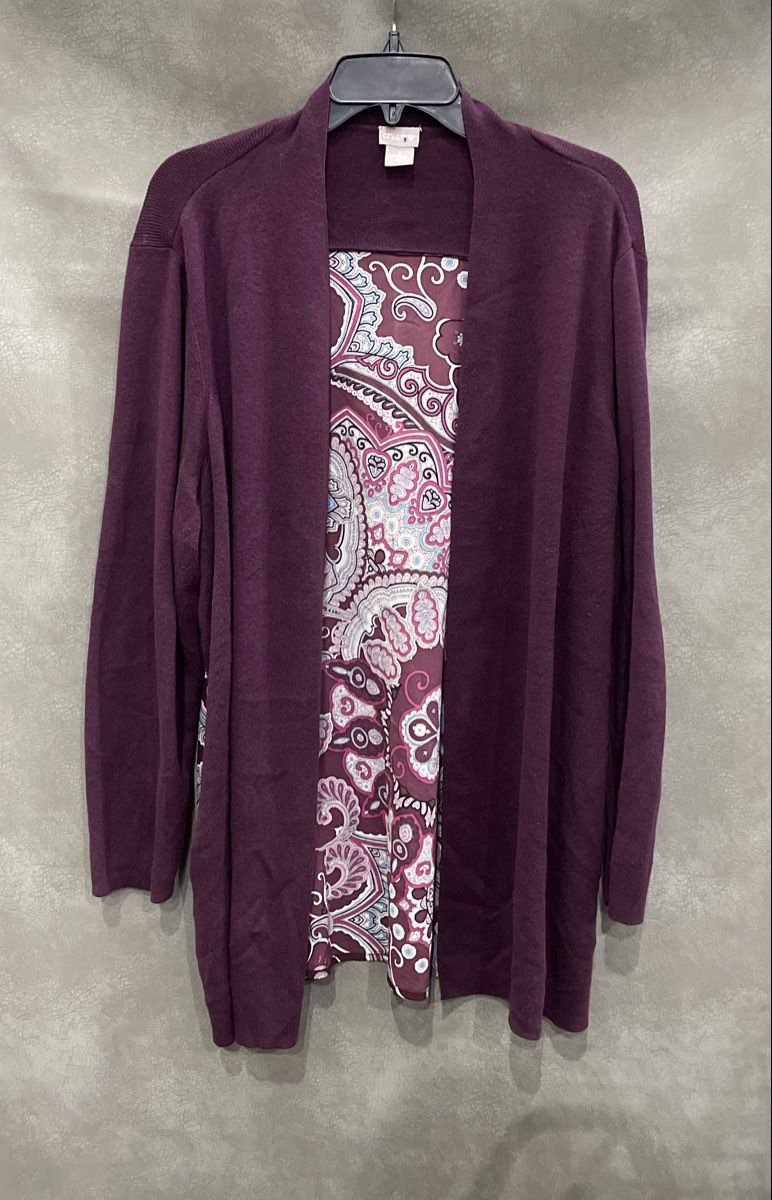 Chico's Women's Purple Open Front Cardigan Mixed Media Paisley Back Sz 3 XL