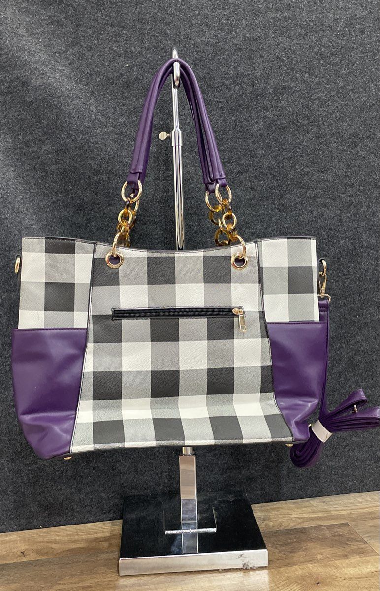 Mia K. Collection Purple Checkered Leather Tote Handbag Gold Tone Charm