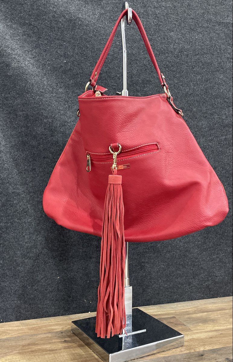 Coco + Carmen Red Leather Tassel Shoulder Bag Hobo Large Gold Hardware