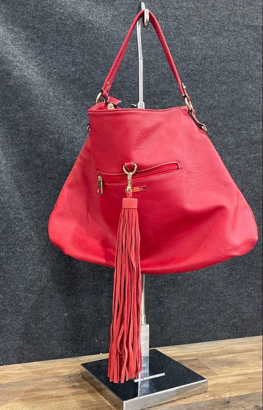 Coco + Carmen Red Leather Tassel Shoulder Bag Hobo Large Gold Hardware
