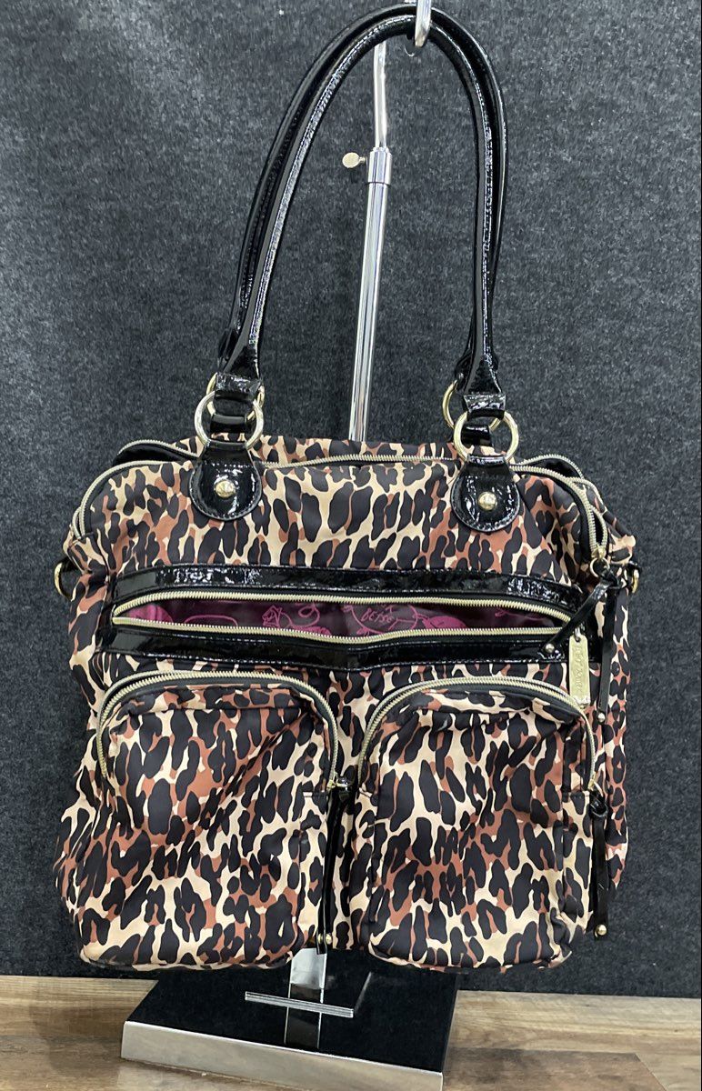 Betsey Johnson Cheetah Print Fabric Satchel Tote Bag Multi-Pocket Gold Hardware