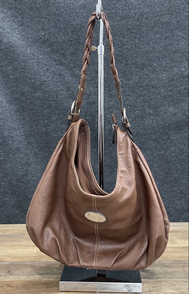 Rosetti Brown Pebbled Hobo Shoulder Bag Braided Strap Gold Hardware