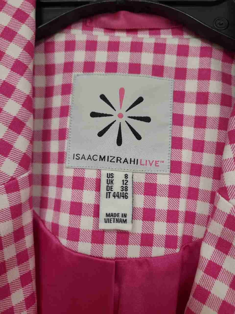 Isaac Mizrahi Live! Women's Blazer Pink Gingham Checked Cotton Blend Sz 8