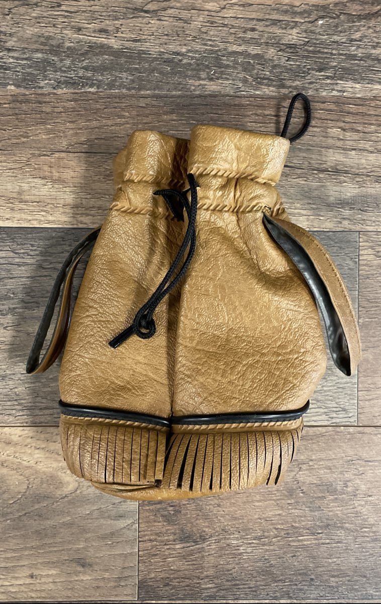 Vintage Tan Leather Fringe Drawstring Pouch Bag Western Boho Festival