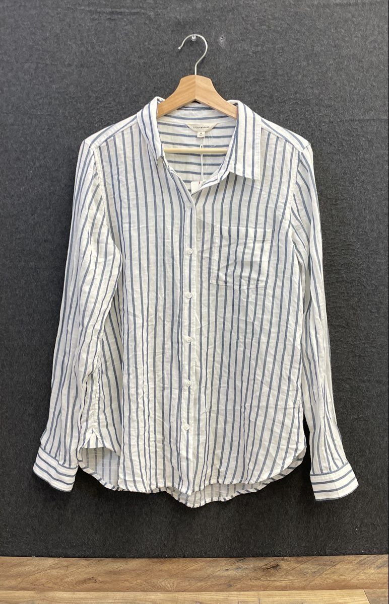 Lucky Brand Women's Blue White Striped Cotton Modal Button Down Shirt NWT Sz M