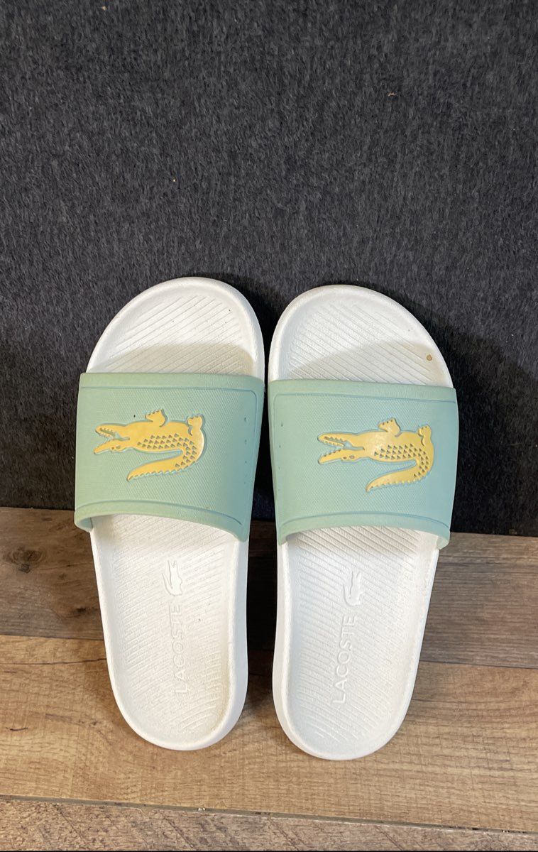 Lacoste Fraisier White Aqua Yellow Slide Sandals Size 10.5" Footbed