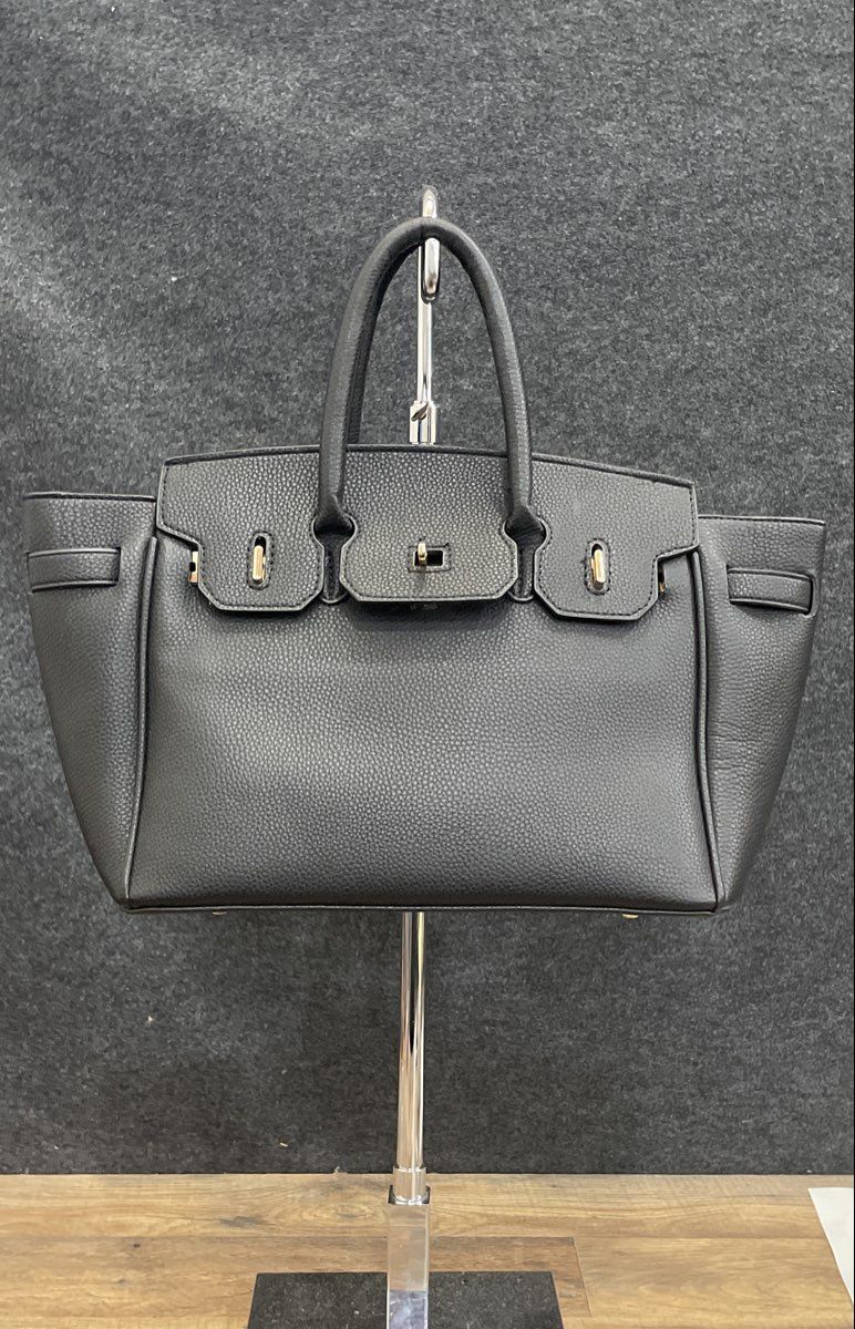 Unbranded Black Pebbled Faux Leather Satchel Tote Bag Gold Hardware