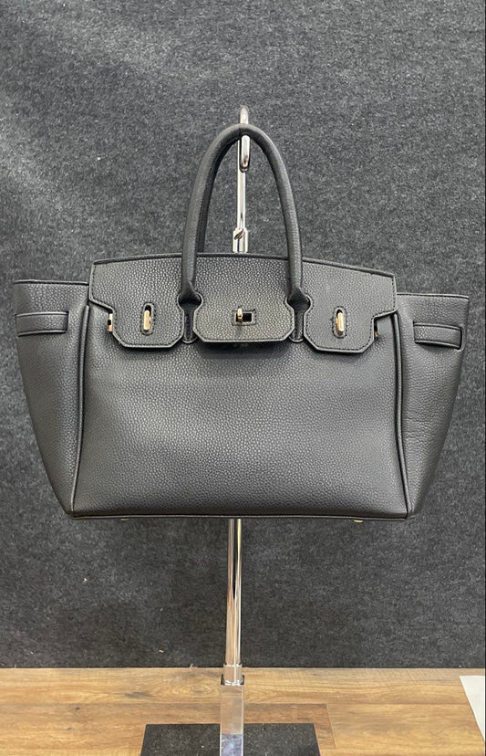 Unbranded Black Pebbled Faux Leather Satchel Tote Bag Gold Hardware