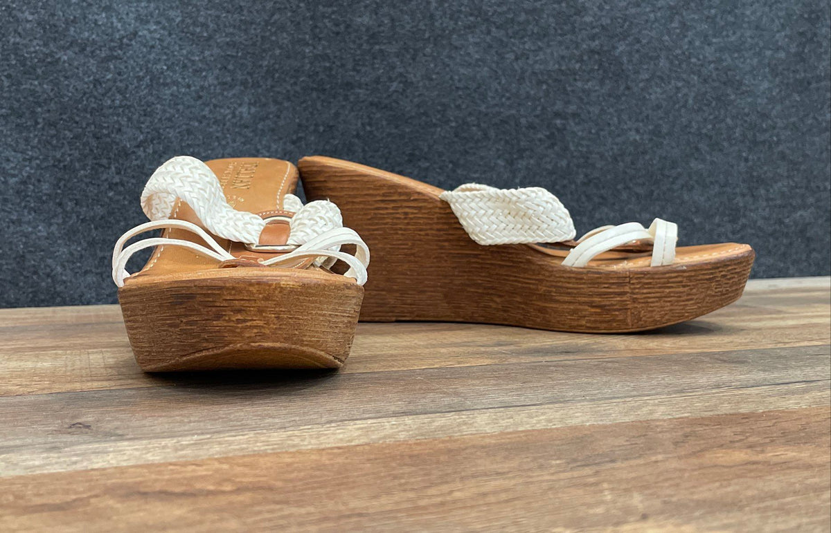 Italian Shoemakers White Brown Braided Strap Platform Wedge Slides Size 9