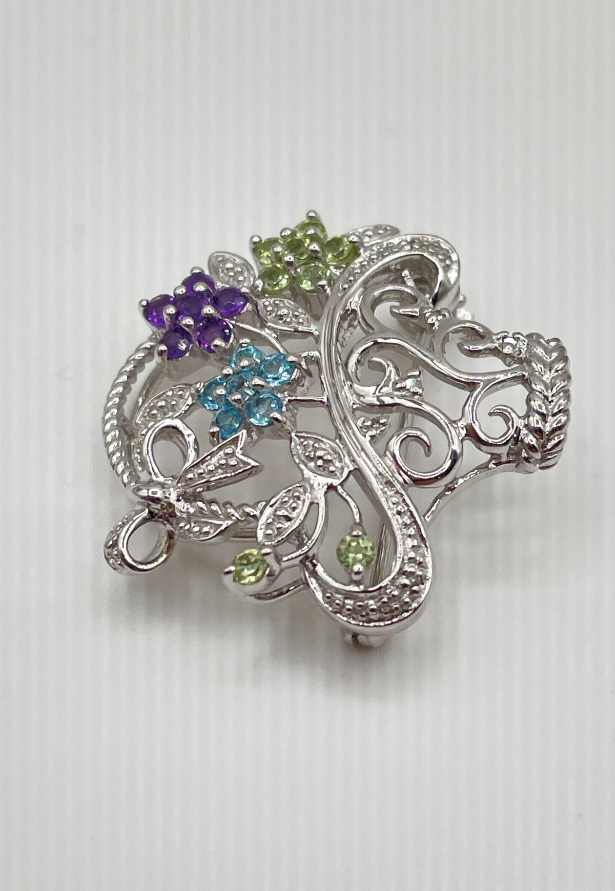 925 Sterling Multicolor Stone Flower Basket Brooch Pin Mixed Metal Back 5.3g