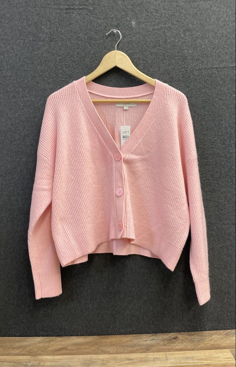Loft Women's Pink Knit Cardigan V-Neck Button Front Ribbed Sz M NWT