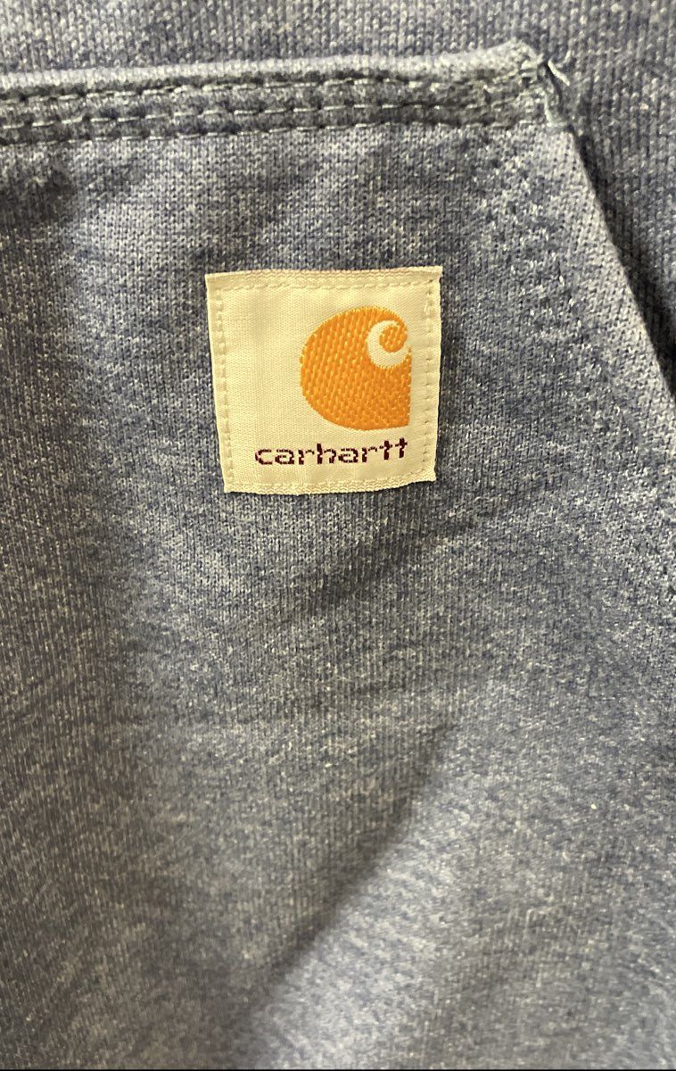 Carhartt Men's Blue Original Fit Pullover Hoodie Orange Sleeve Logo Size L
