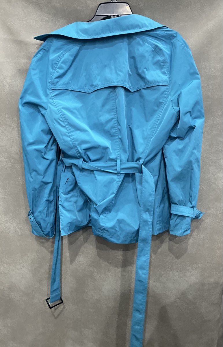 Talbots Women's Blue Belted Button Front Windbreaker Trench Jacket Pockets Sz L