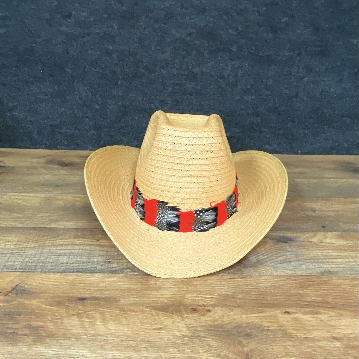 Unisex Tan Woven Straw Western Cowboy Hat Red Black Feather Hatband