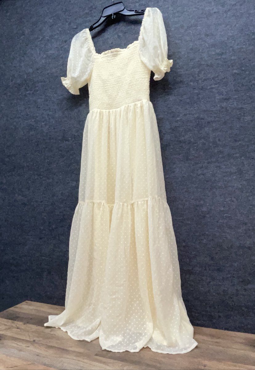 Patrons of Peace Women's Yellow Swiss Dot Smocked Puff Sleeve Maxi Dress Sz S