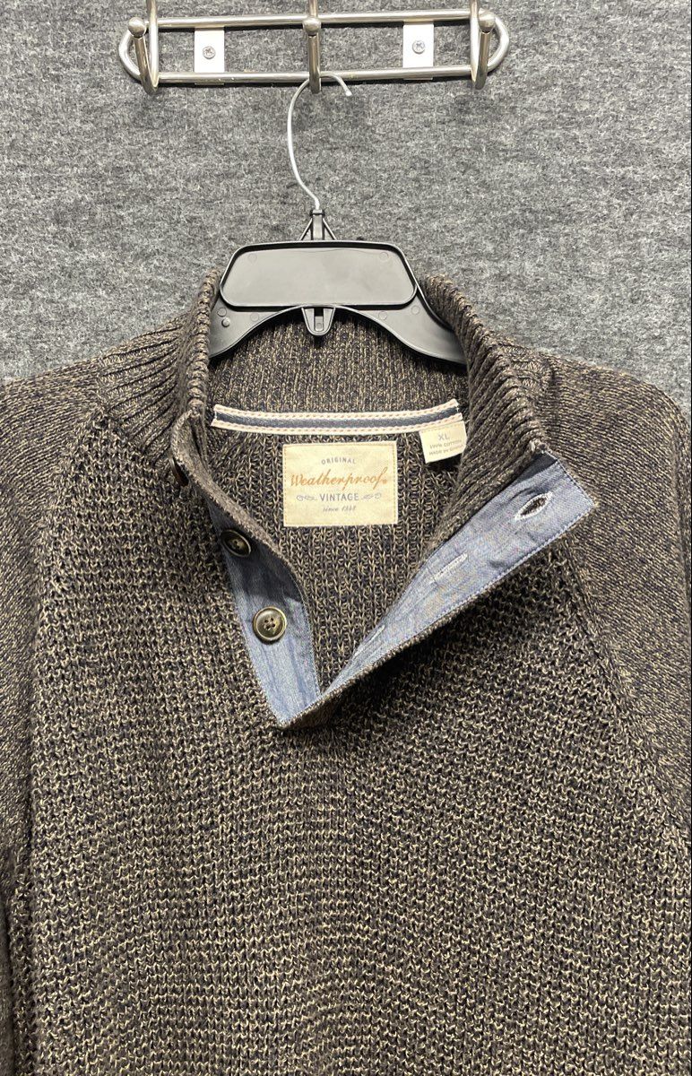 Weatherproof Vintage Men's Brown 1/4 Button Mock Neck Textured Knit Sweater XL