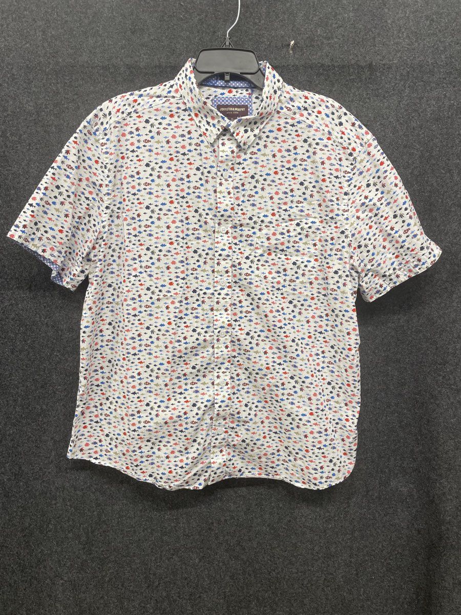 Johnston & Murphy Men's White Multi Fish Print Short Sleeve Shirt Sz XL