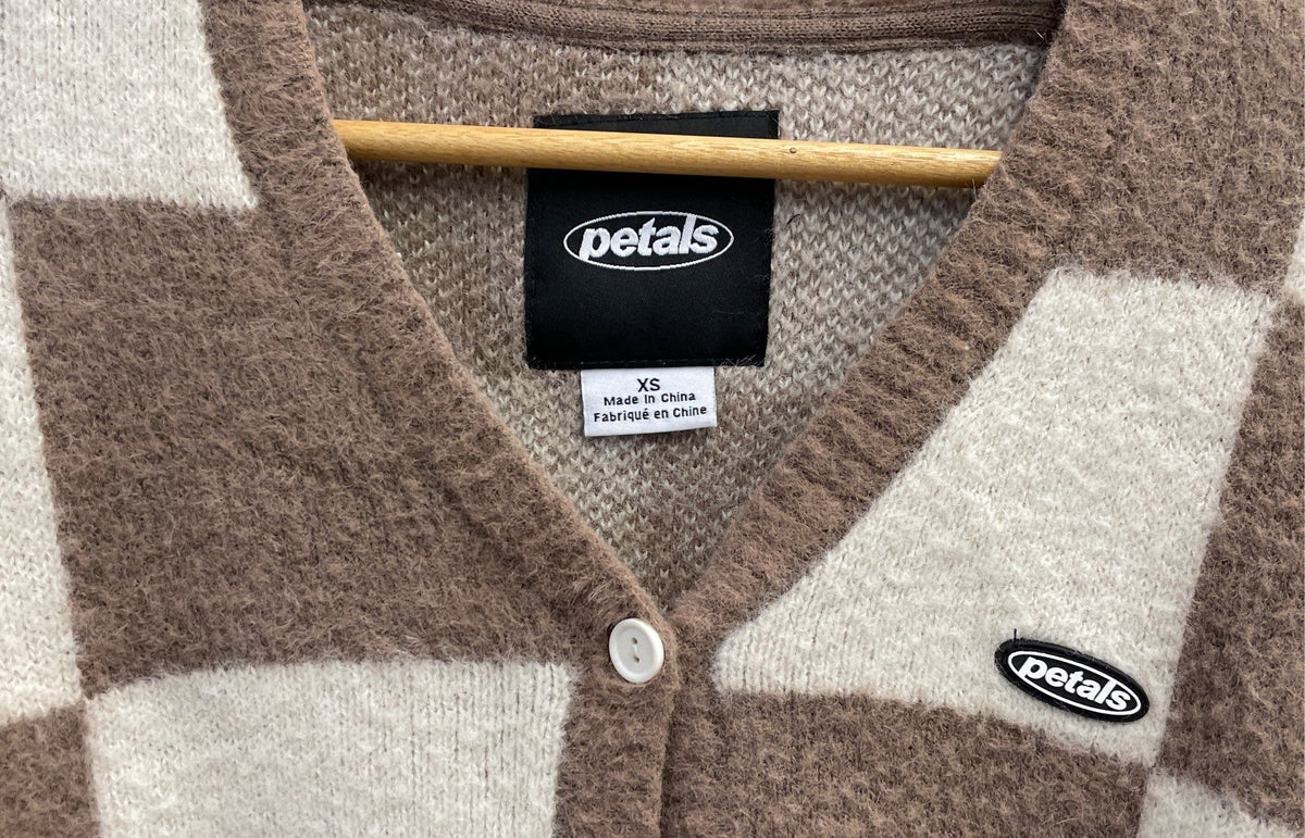 Petals Women's Fuzzy Cardigan Brown White Checkerboard Cropped Sweater Sz XS